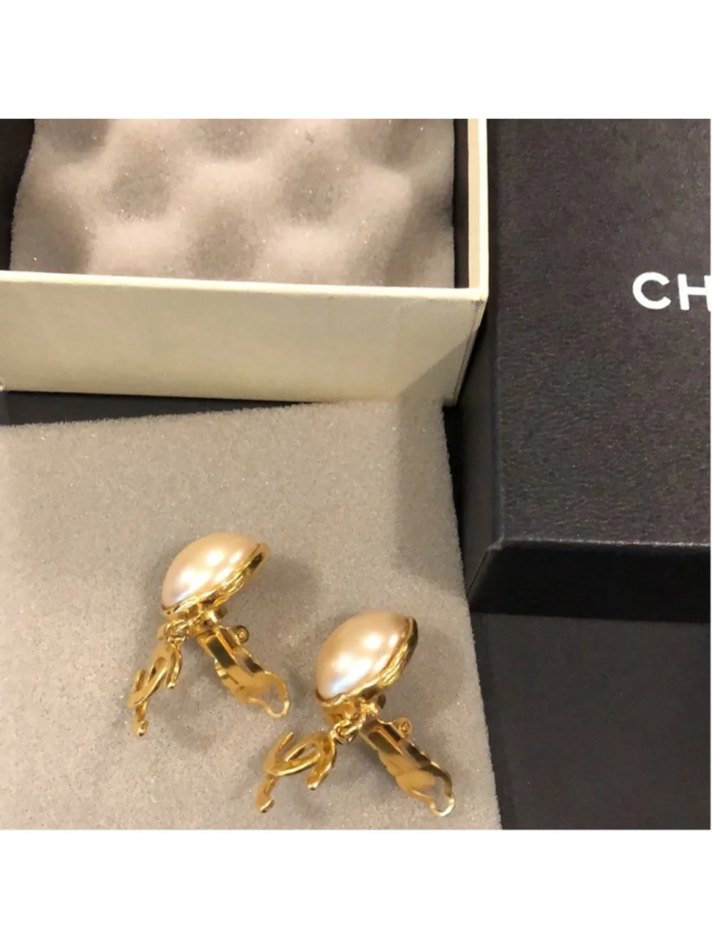CHANEL Interlinked CC 24k Gold Plated and Cream Mabe Pearl Drop Clip-On Earrings